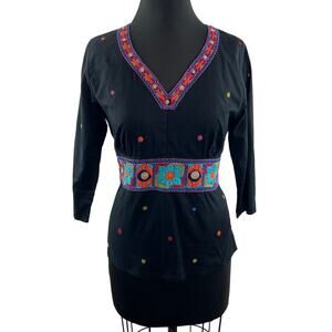 ANOKHI 3/4 Sleeve Woven Blouse Top Floral Polka Dot Cotton Black V-Neck Size L